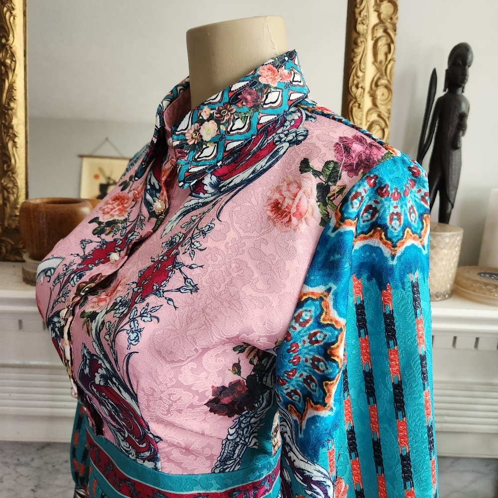 Dalia MacPhee Green Pink Floral Dress Size M Jacquard Bohemian Retro Patchwork - Picture 8 of 10
